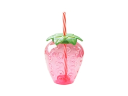 Vasos y pajitas de plástico con forma de fresa en envase de espuma.