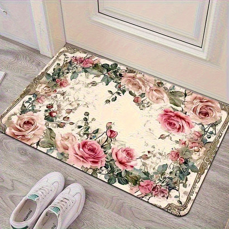 Felpudo De Entrada Con Estampado Floral Retro De Rosas (50 X 80 Cm), Antideslizante, Lavable A Máquina.