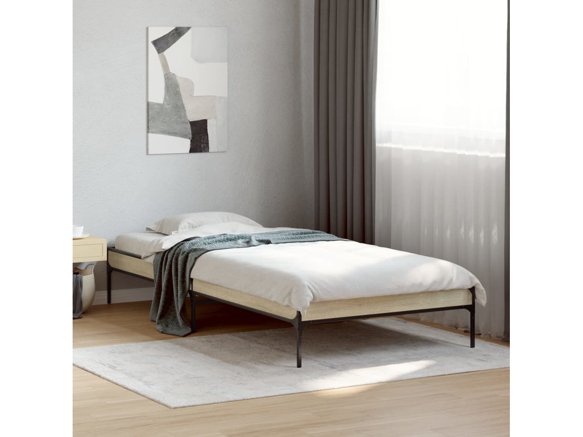 Estructura Cama Madera Ingeniería Metal Roble Sonoma 90x200 Cm