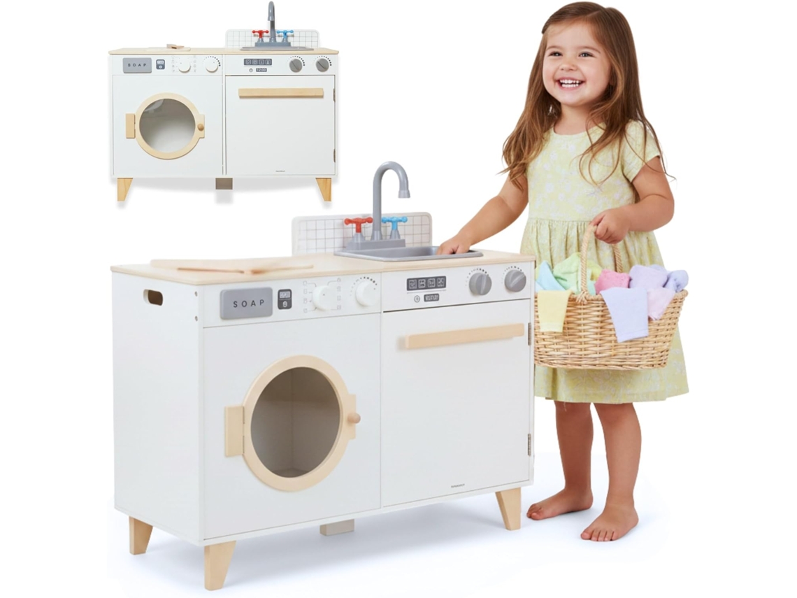 Cocina Infantil Con Lavandería De Madera – 2 En 1 Con Lavadora, Fregadero Y Accesorios Para Jugar En Casa – 73,5 × 29 × 67 Cm