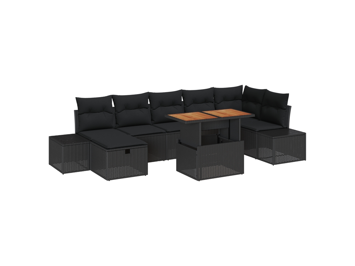 Conjunto de comedor de jardín VidaXL de 8 piezas con cojines de ratán de acacia negro