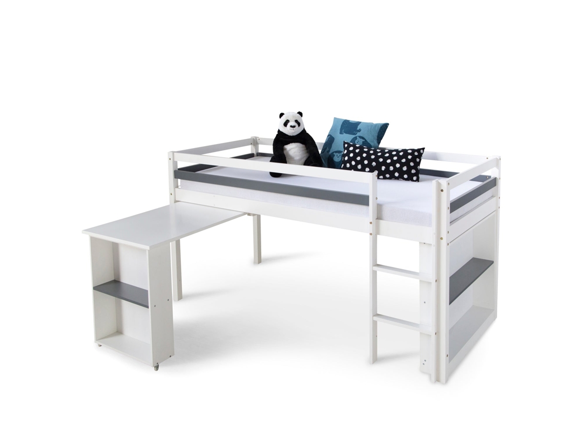 Cama Alta Infantil De Media Altura De 90x200 Cm Con Almacenaje Escritorio Extensible Y Somier Lit06199