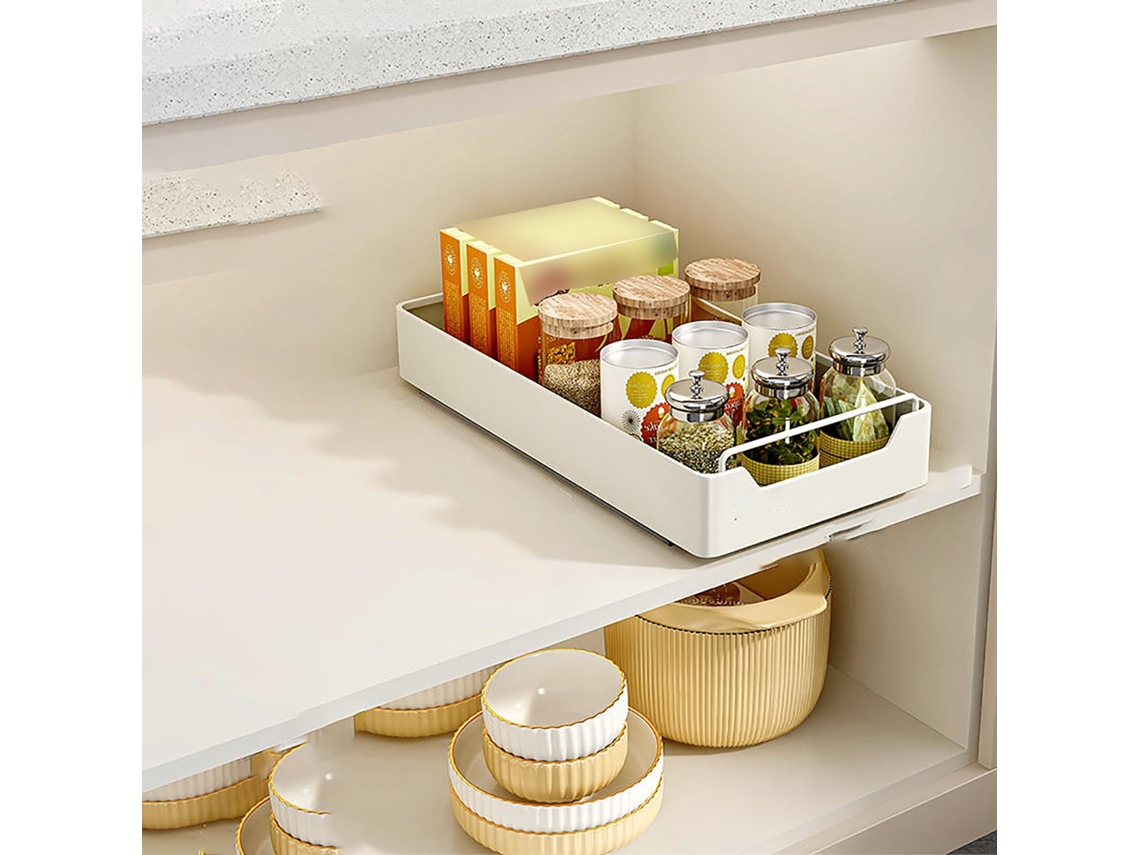 Estante Extensible Adhesivo Sin Taladrar (1 Ud.). Cajón Extraíble Para Armarios Y Despensa. Medidas: 20×43×7 Cm.