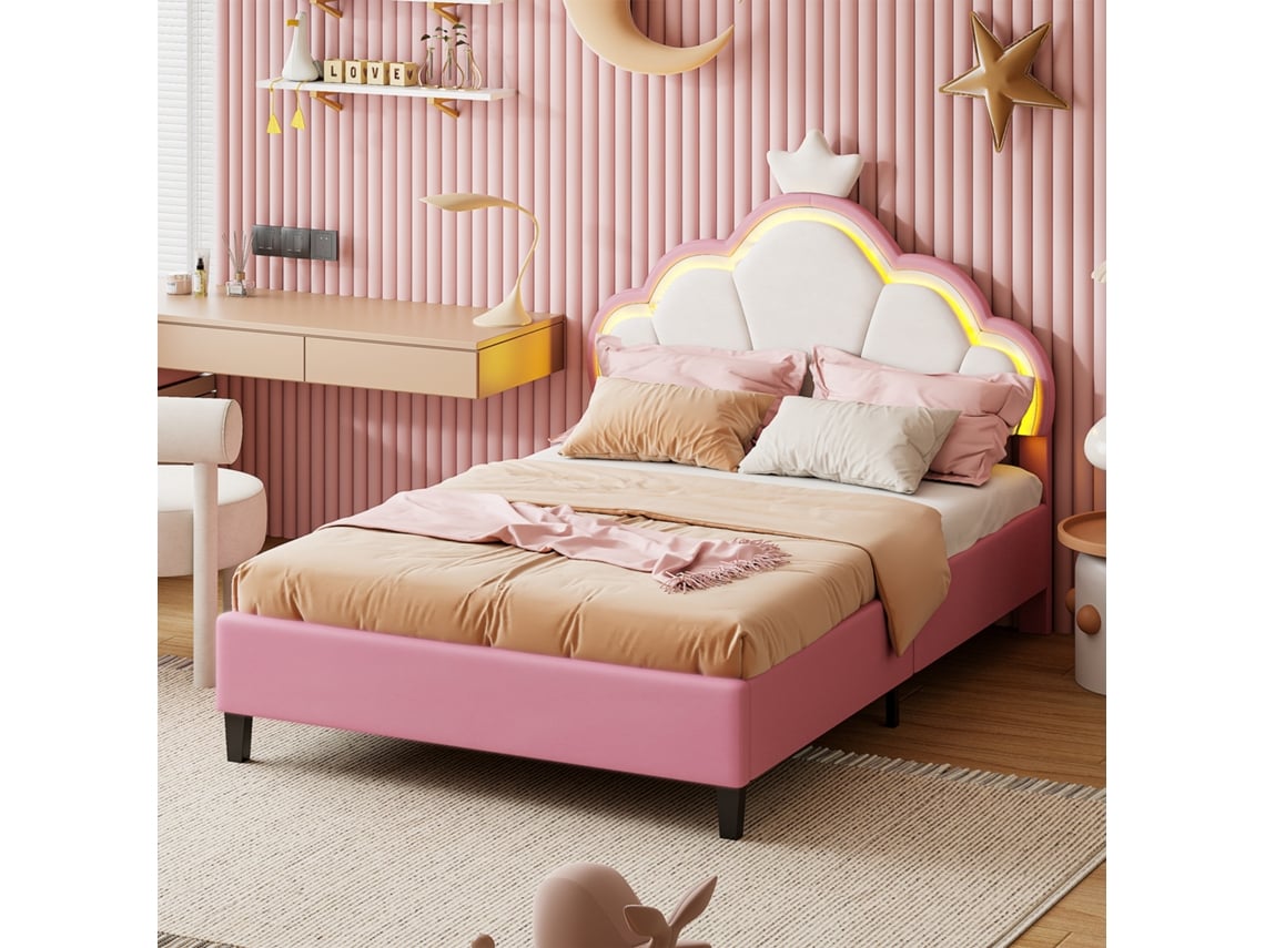 Cama Doble Infantil 140x200cm Con Cabecero Corona Nube Y Luz Led Rgb - Control Por App, Altura Regulable, Veludo Rosa Y Blanco, Estilo Princesa