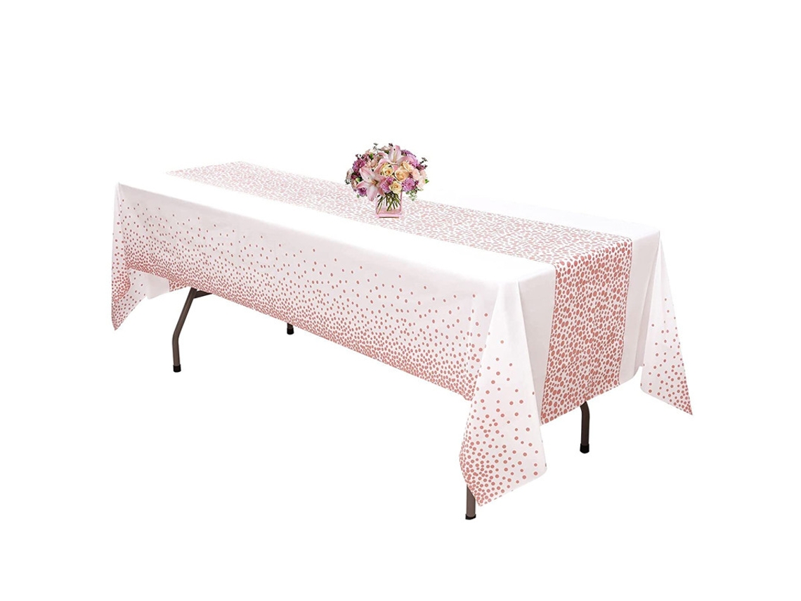 Elegante Mantel Blanco Y Rosa Dorado Para Mesas Rectangulares, Desechable, De Plástico, Brillante Y Resistente Al Agua.