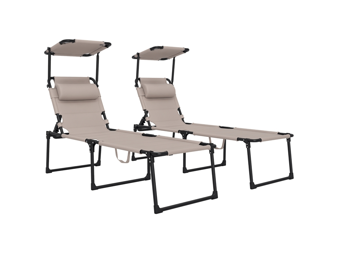 Conjunto 2 Tumbonas Plegables, Respaldo, Sombrilla, 70x200x45cm