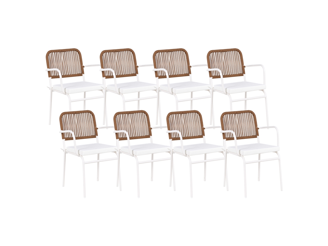 Conjunto de 8 sillas de exterior Beliani Taceno con cojines en aluminio blanco 46x52x82