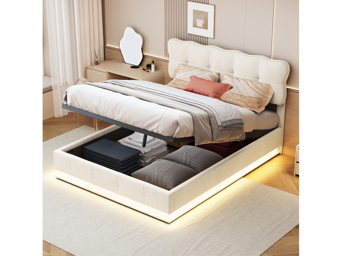 Cama Estofada 140x200cm de Casal com Arrumação e Estrado de Ripas, Hidráulica com LED, Veludo, Sem Colchão INONEFT