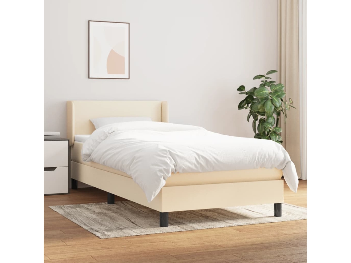 Cama Box Spring Con Colchón Tela Color Crema 90x200 Cm