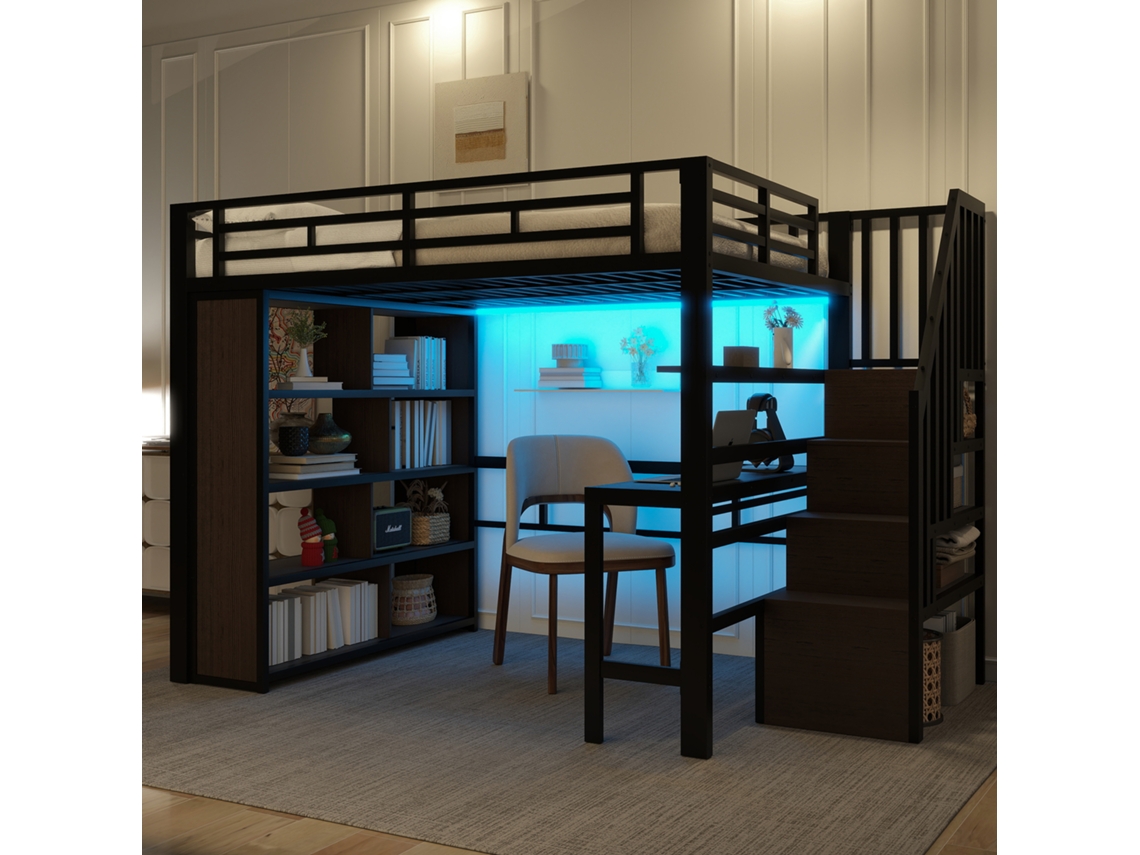 Cama Alta 140x200 - Estructura De Hierro, Escritorio, Estante, Led, Escalera Con Almacenamiento - Negro
