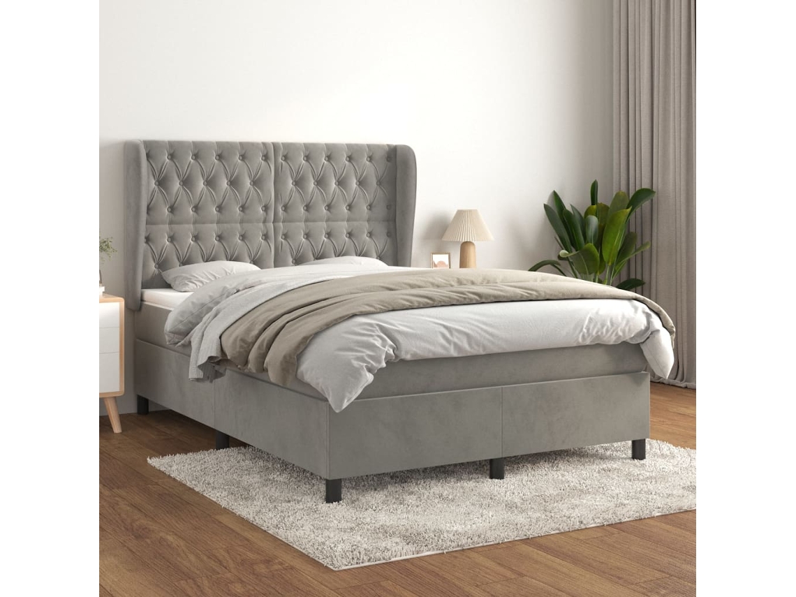 Cama Box Spring Con Colchón Terciopelo Gris Claro 140x190 Cm
