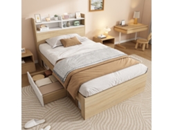 Cama Individual De Madera De Roble Blanco, De 90x200 Cm, Con Cabecero, Estante Y 2 Cajones.