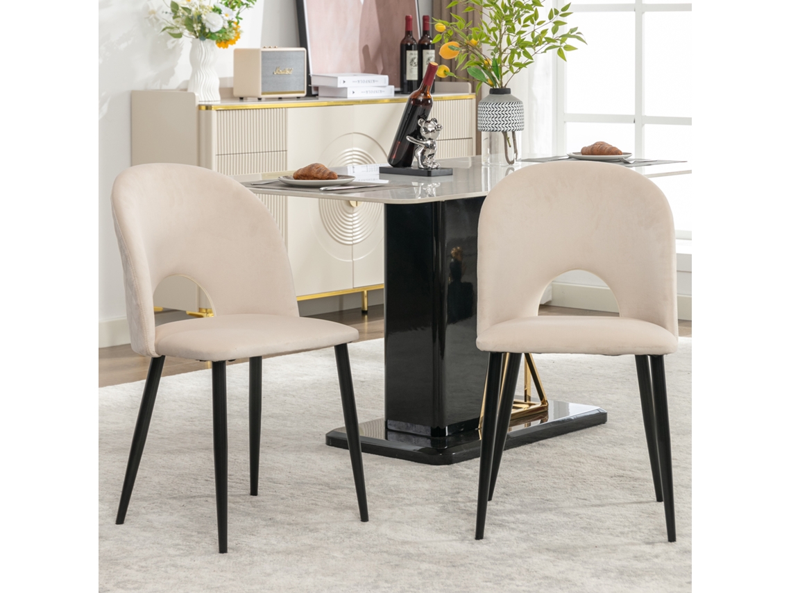 Juego De 2 Sillas De Comedor De Terciopelo Con Diseño De Diamante Y Estructura Metálica Beige.