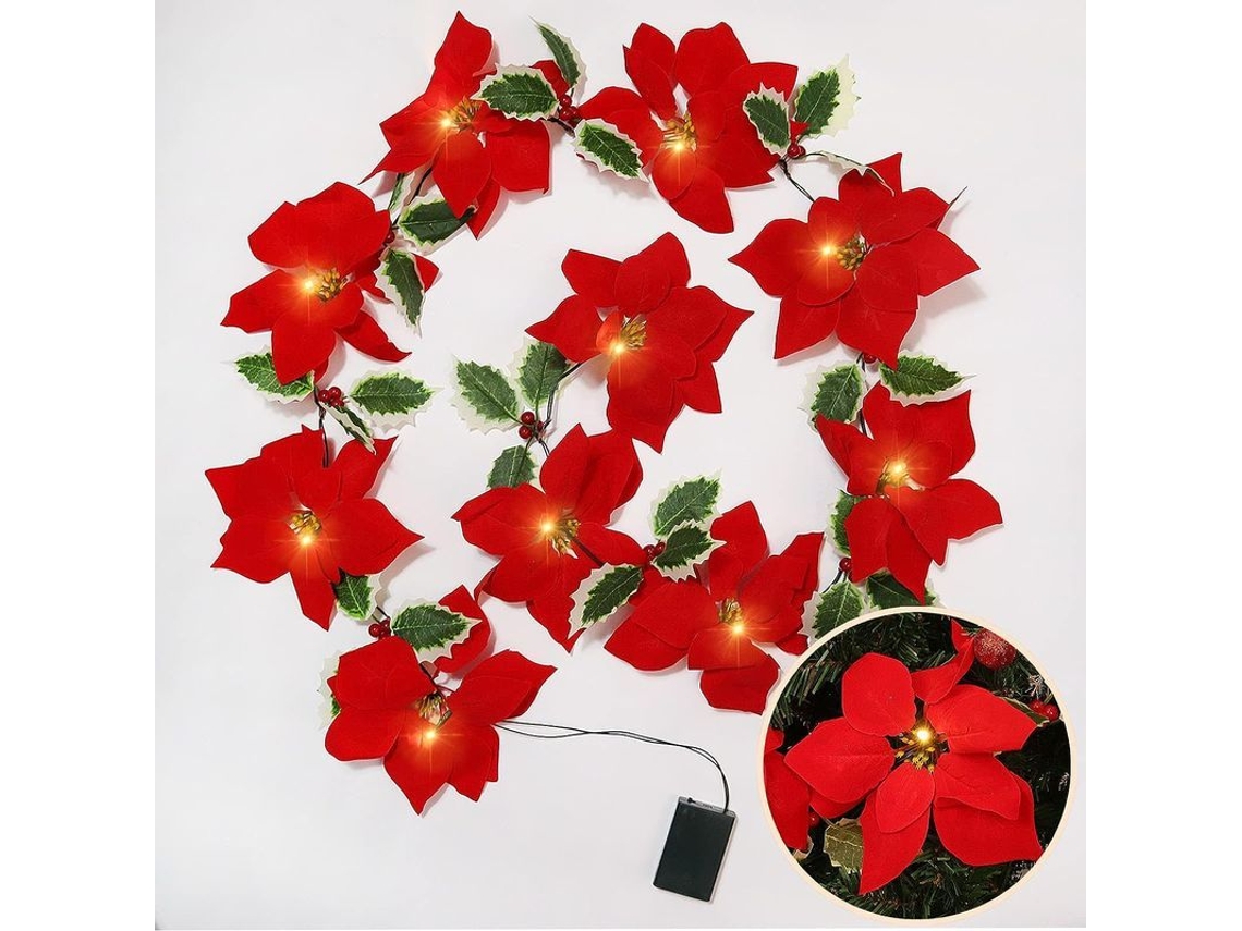 2026-guirnalda De Navidad Con Luces Poinsettia, 190cm, Operada Por Baterías, Para Decoración De Fiesta Navideña
