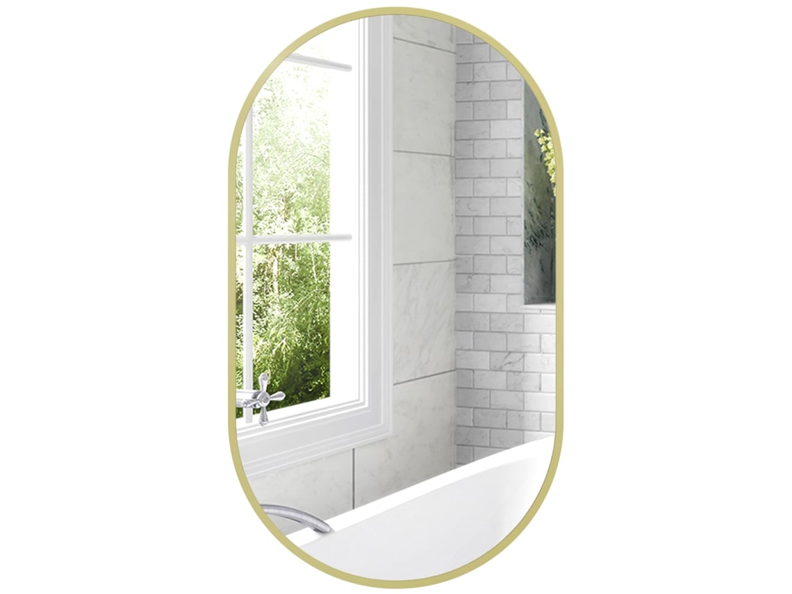 Espejo De Baño Ovalado De 40x70 Cm Con Marco Decorativo De Aluminio Dorado.