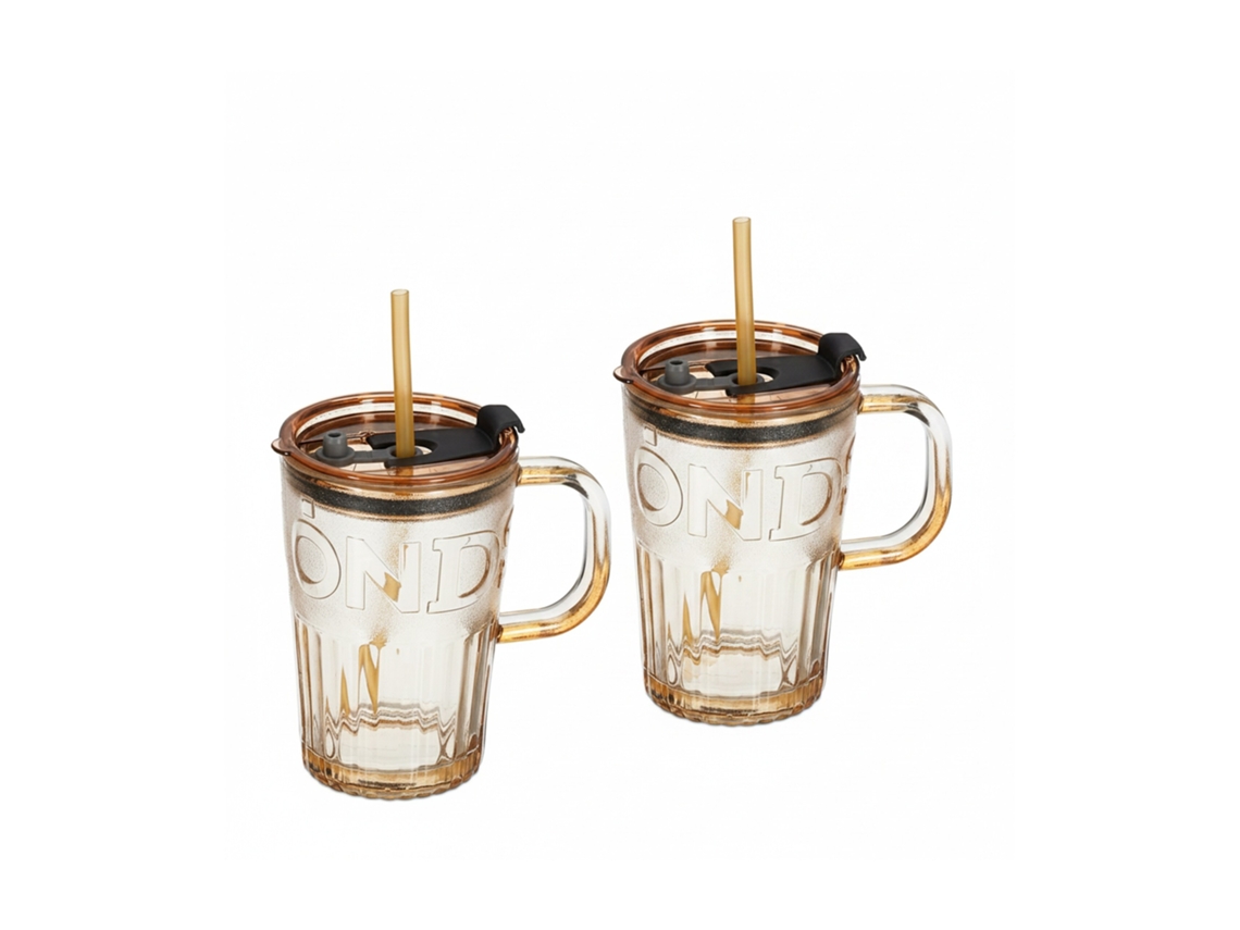 Relaxdays Set De 2 Vasos, Jarras Para Beber Con Tapa Y Pajita, Jarritas Batidos Y Zumos 450 Ml, Con Asa, Marrón Claro