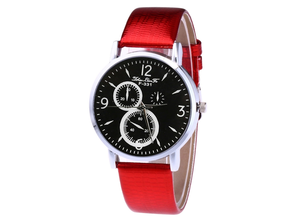 Reloj De Pulsera Para Hombre De Cuero Moda Dial Redondo Cuarzo Impermeable Rojo