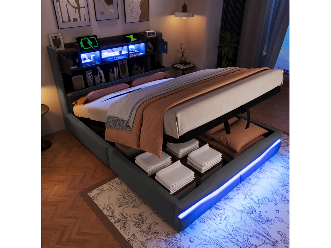 Cama De 140x200 Con Usb-c, Led, Almacenamiento Hidráulico, Gris.