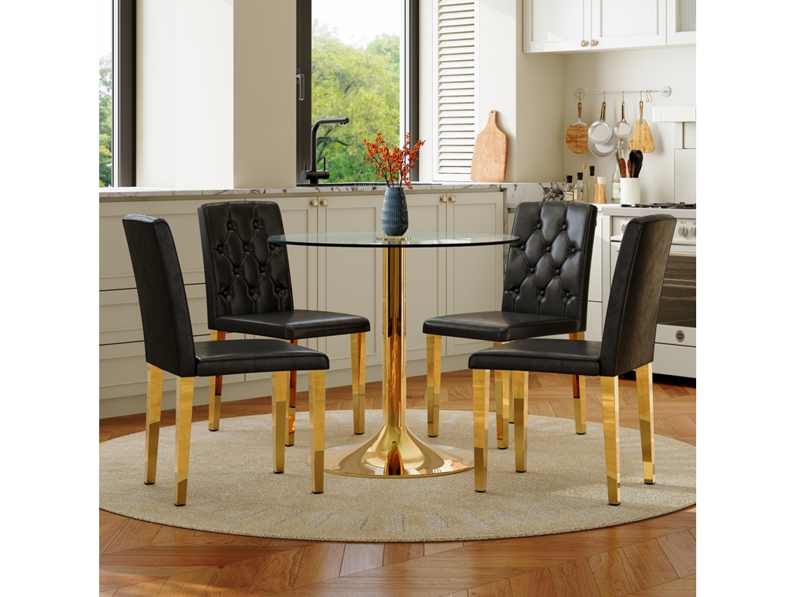 Juego De Mesa De Cristal (85 Cm) Con Detalles Dorados Y 4 Sillas Negras Y Doradas.