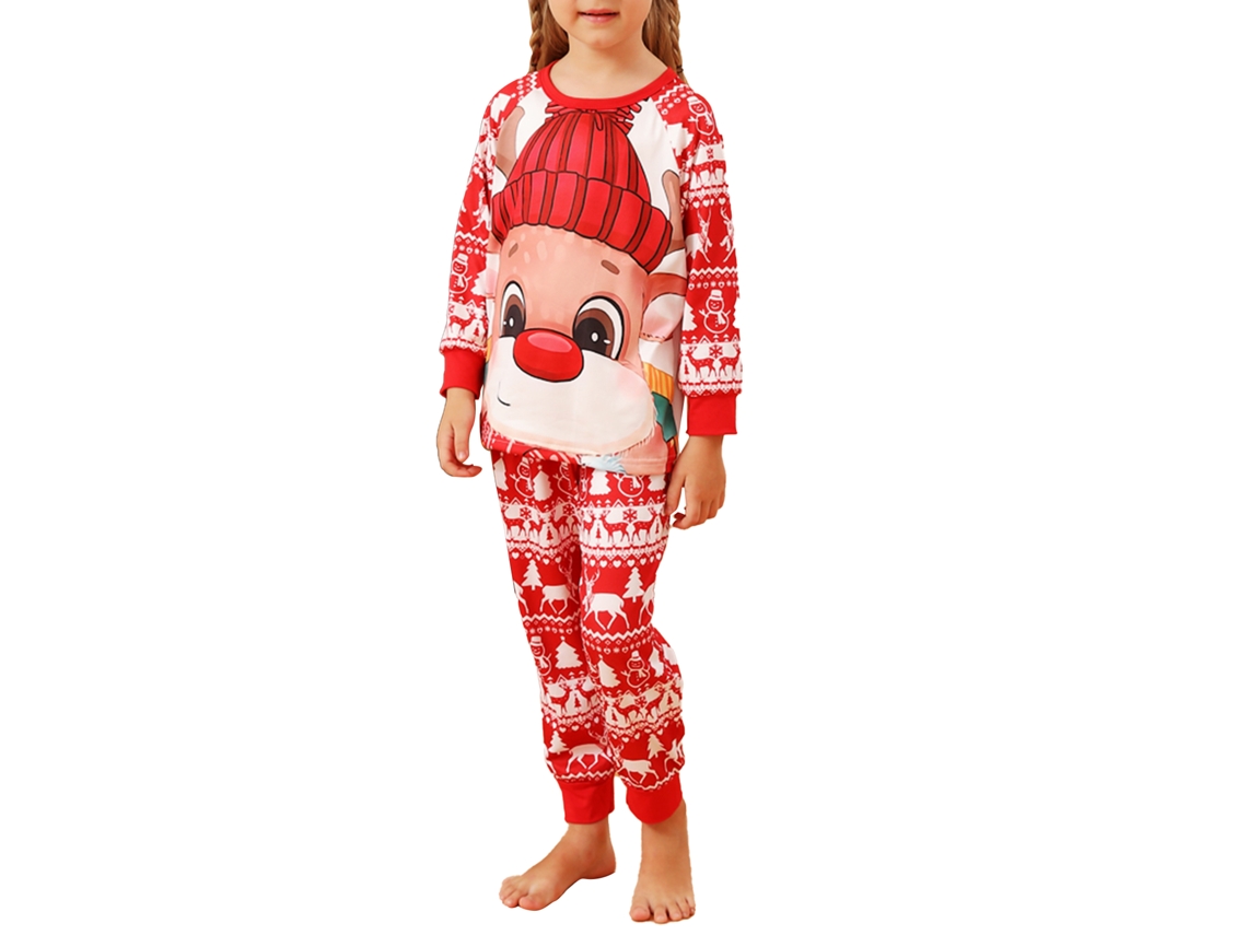 Pijamas Navideños Para Niños 6-7a Con Estampado De Ciervo Cuello Redondo Y Puños De Punto Kit Familiar Rojo