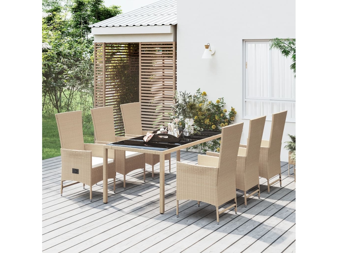 Juego de comedor de jardín de 7 piezas con cojines, mimbre sintético beige, DKD Home Decor