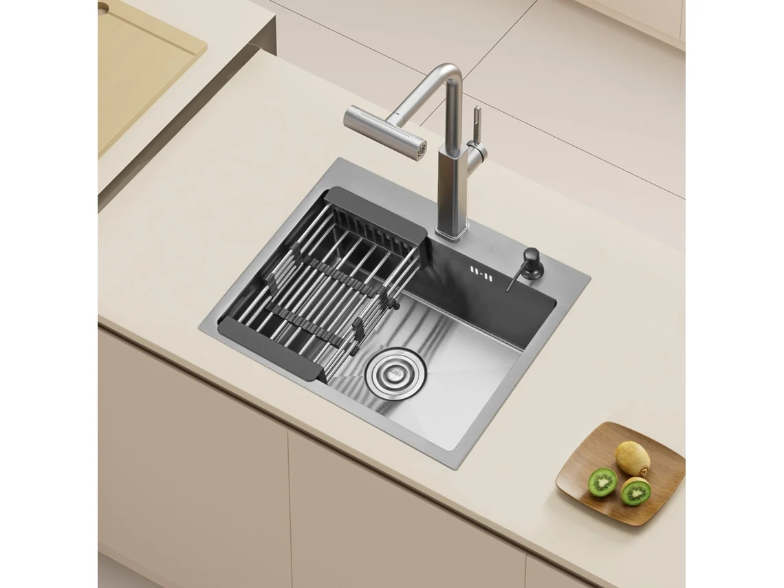 Fregadero De Cocina Individual De Acero Inoxidable 55x45x19 Cm, Con Escurridor Telescópico, Dispensador De Jabón De Acero Inoxidable, Negro