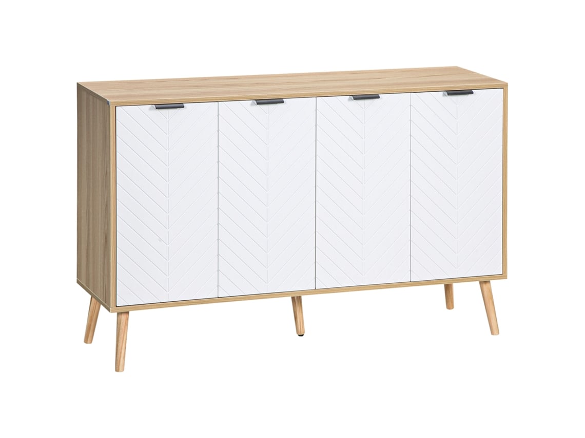Aparador Bajo Con 2 Armarios, 4 Puertas, Estampado En Espiga, Estantes Ajustables, 120 X 35 X 77,4 Cm, Blanco