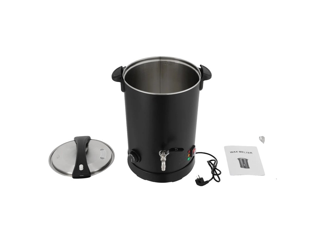 Máquina para fundir cera, capacidad de 10 litros, control de temperatura ajustable, color negro.