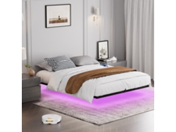 Cama Flotante De Metal De 160x200 Con Lamas De Metal Negro E Iluminación Led.