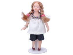 Ats-muñeca Niña Miniatura 1:12 Escala Rubia Camiseta Blanca Pantalones Cortos Figura Porcelana Casa De Muñecas