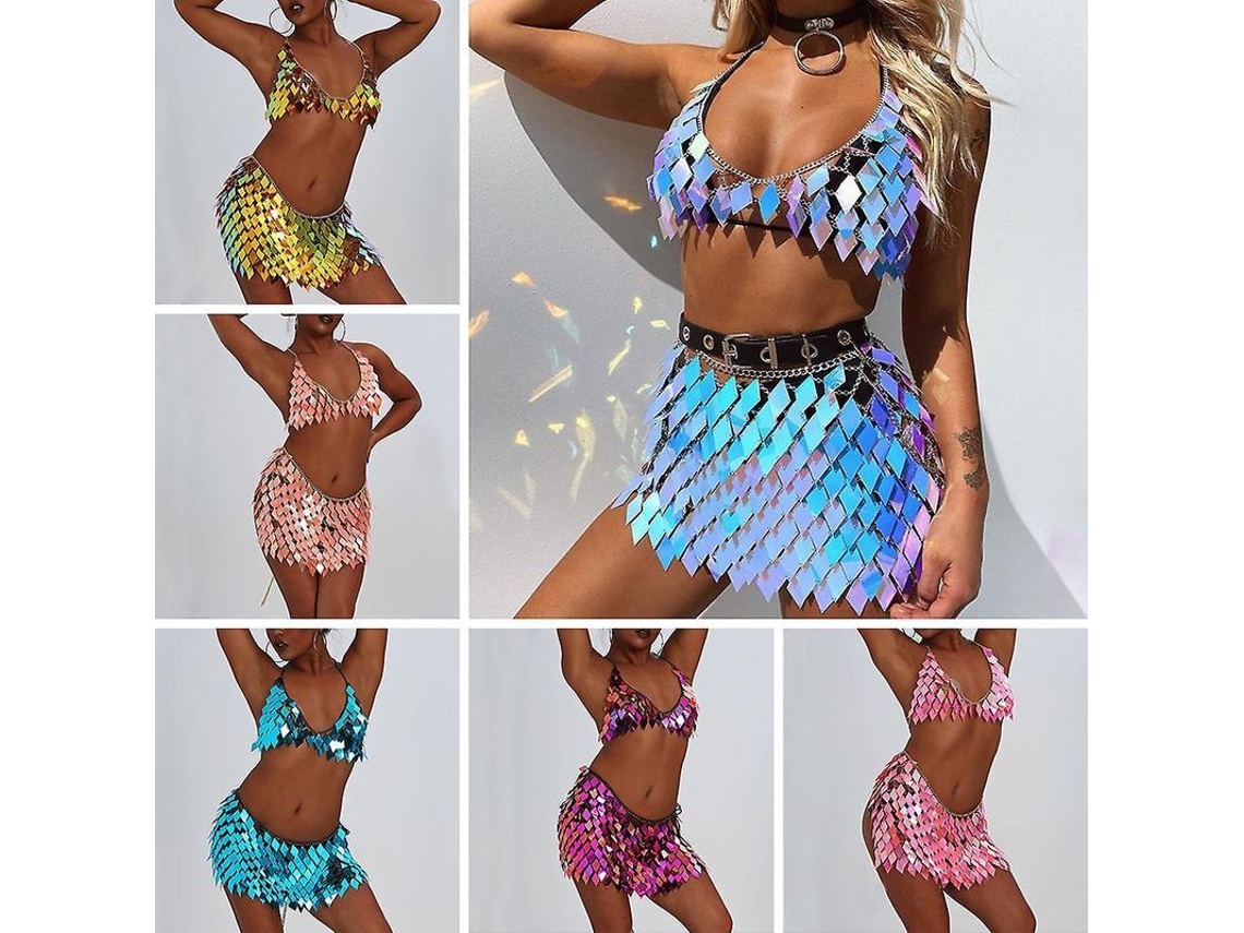 Conjunto 2026 con collar, body y flecos secuenciales, sujetador, falda y bikini azul para fiestas, raves y discotecas (Fkv)