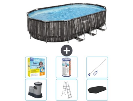 Piscina BESTWAY Oval Power Steel - 610 x 366 x 122 - Gris - Incluye bomba - Escalera - Cobertor Paquete de mantenimiento - Filtrar - kit de limpieza