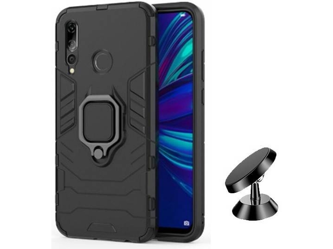 Kit Carcasa y Soporte Magnetico Auto Huawei P Smart+ 2019 Military Defender 3x1 Negro
