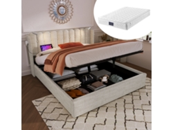 Cama 160x200 Cm Con Almacenamiento, Luz Lectura, Cabecero Con Usb, Lino Natural, Con Colchón.