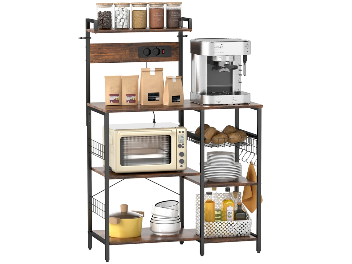 Prateleira de cozinha independente ZENCORE SERVICES com 2 tomadas, 5 ganchos, 5 prateleiras, cesto, suportes em X, aço, 90x42x130cm