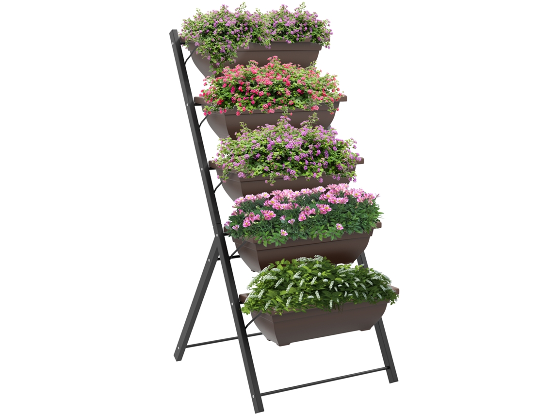 Soporte para plantas de 5 niveles, 5 macetas, drenaje, para interior/exterior, 55x63x120 cm, negro.