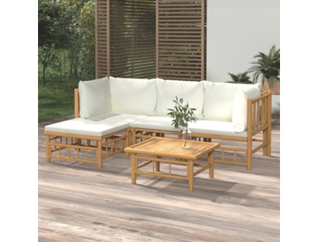 Conjunto 5 de muebles de jardín VIDAXL bambú y cojines blanco crema