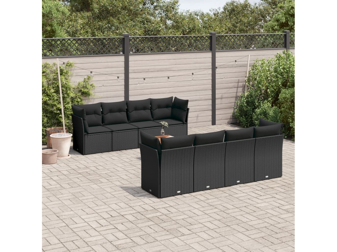 Conjunto de sofá de jardín de 9 piezas con cojines, ratán negro, Dkd Home Decor