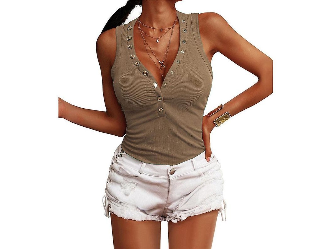 2026-top Sin Mangas Para Mujer Con Botones Cuello V Slim Ribbed Casual De Mezcla De Algodón