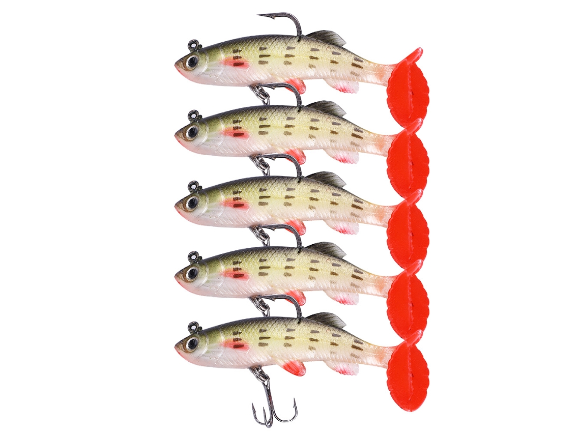 Señuelos de pesca artificiales de 8,5 cm, 5 unidades, con cola TE y cabeza flotante, dorso negro