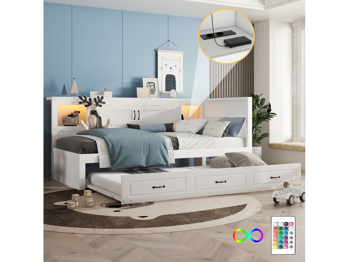 Sofá cama, sofá cama, sofá cama, 90-200 cm, con luces LED, compartimento lateral, cama extensible, toma USB, sin colchón
