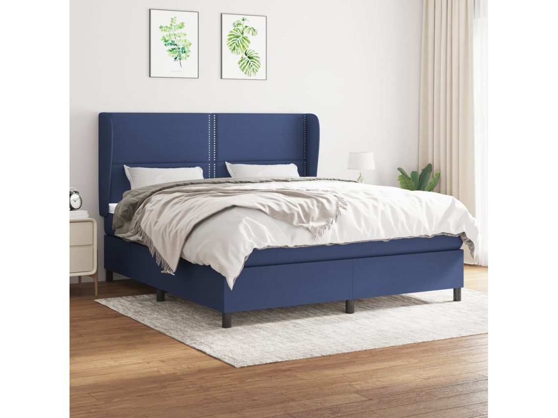 Cama Box Spring Con Colchón Tela Azul 180x200 Cm