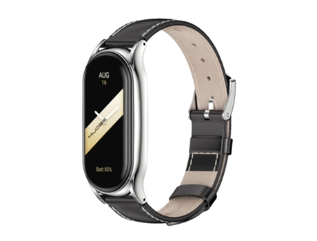 Correa de reloj inteligente para Xiaomi Mi Band 8 Mijobs Plus Funda de cuero genuino (Negro plateado)