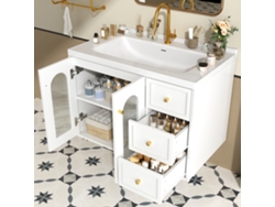 Mueble Baño Suspendido 80 Cm Con Lavabo Cerámico, 2 Cajones Y Armario Vidrio - Blanco