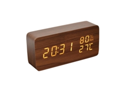 Relógio De Alarme Digital De Madeira Led Com Brilho Ajustável Controle De Voz Data Temperatura Umidade
