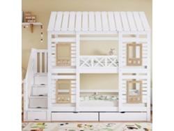 Cama Litera 90x200cm - Con Protección, Ventana, 2 Cajones, Escalera Con 4 Estantes - Blanco+natural