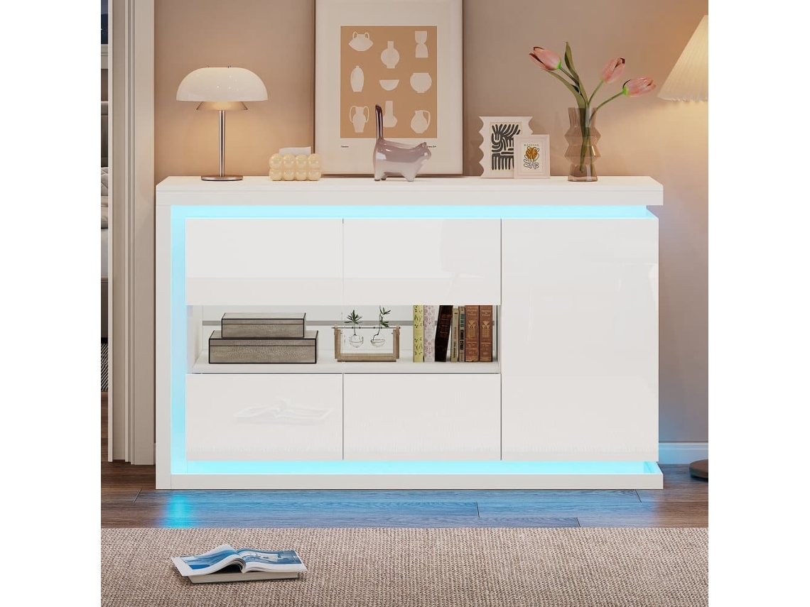 Mueble Salón 140x40x84 Cm - Comoda Moderna Con 4 Compartimentos, Iluminación Led, Puertas De Vidrio Templado - Blanco