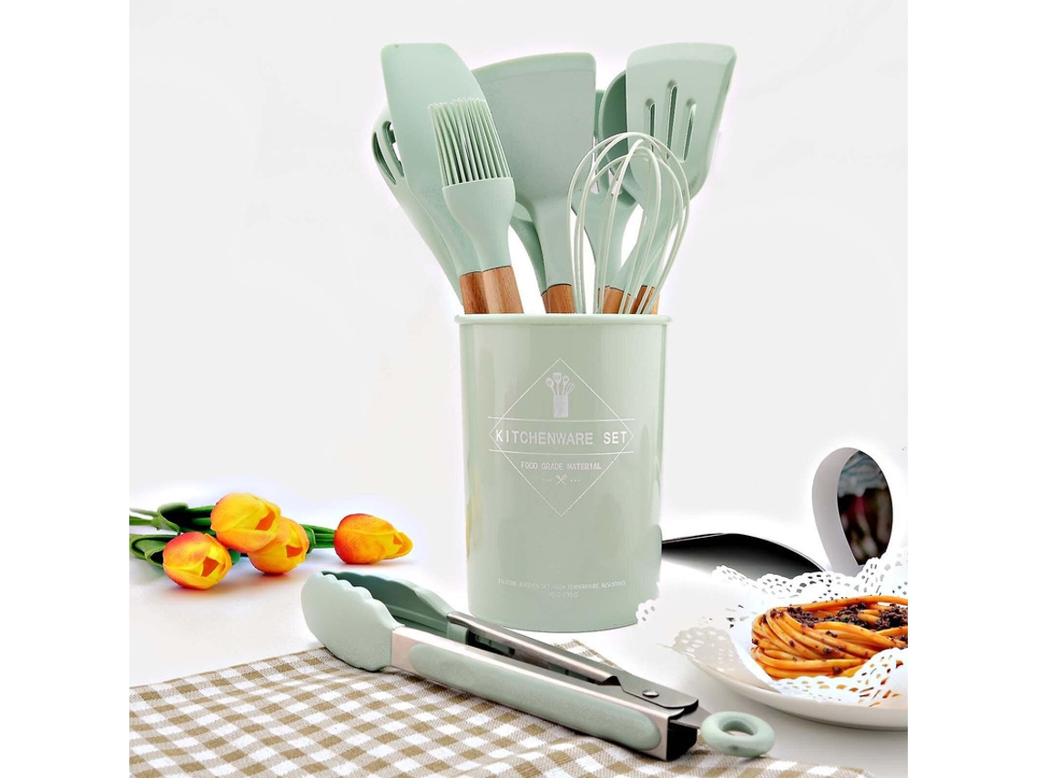 Conjunto de Utensílios Cozinha Silicone Verde Menta com 1 Peça Espátula Antiaderente Pá Cabo Madeira Ferramentas 