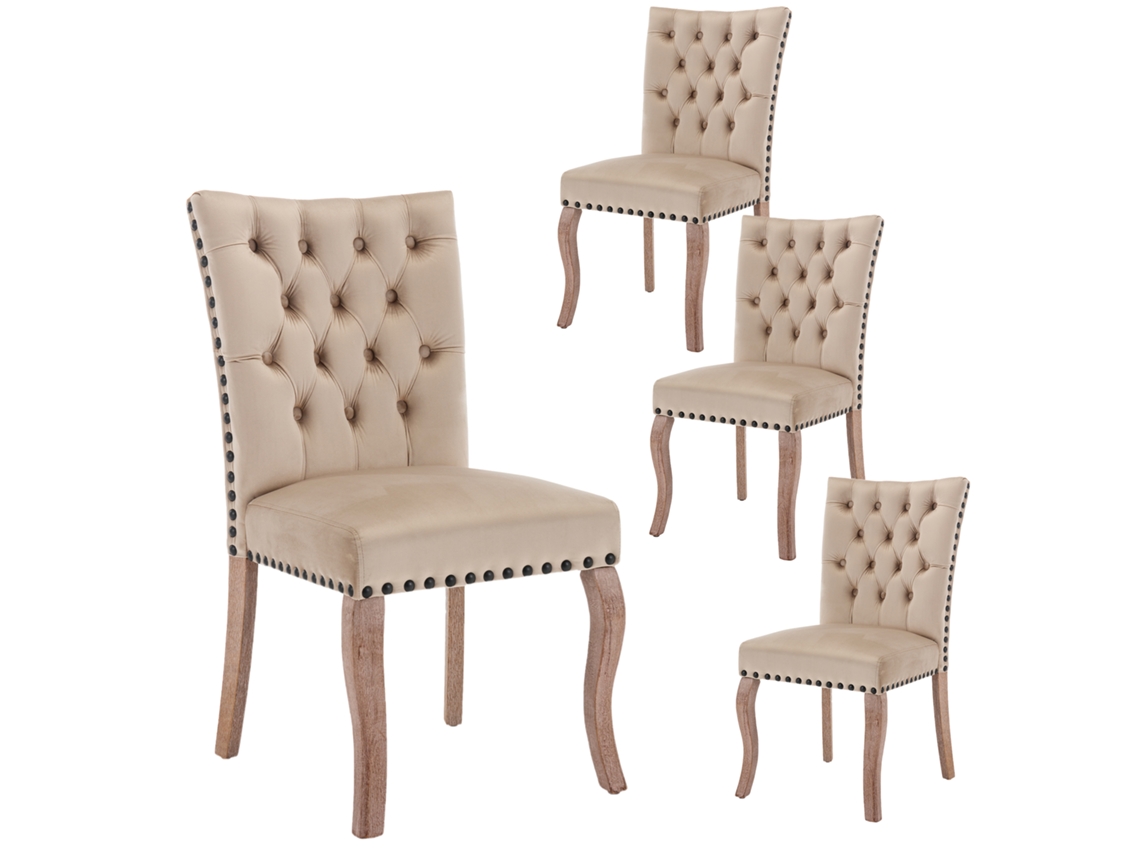 Conjunto de 4 sillas tapizadas en terciopelo beige con estructura de madera maciza Mobrio