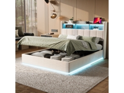 Cama Matrimonial Led 160x200 Cm Con Almacenaje Hidráulico Y Luces Rgb - Cama Nido Minimalista En Tela Blanca